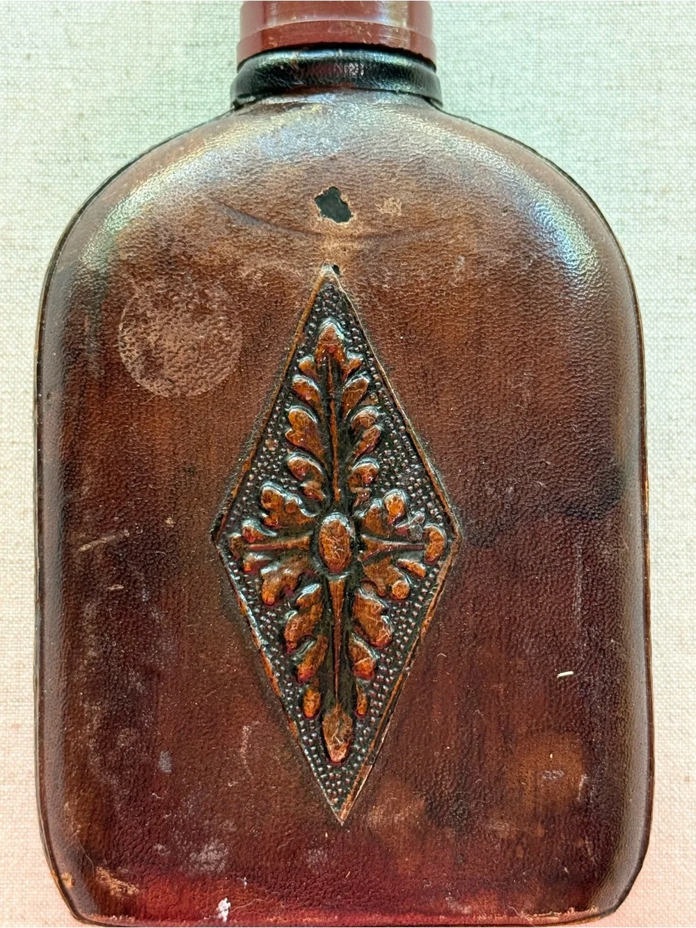 Vintage Leather Wrapped Flask Bottle Embossed Floral Design Brown